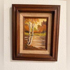Framed Autumn Landscape Painting 10”x12” Wood Frame Wall Decor Birch Trees